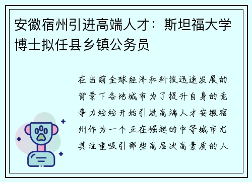 安徽宿州引进高端人才：斯坦福大学博士拟任县乡镇公务员