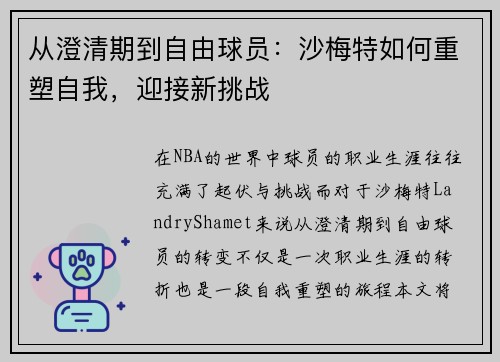 从澄清期到自由球员：沙梅特如何重塑自我，迎接新挑战