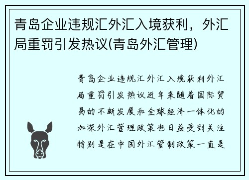 青岛企业违规汇外汇入境获利，外汇局重罚引发热议(青岛外汇管理)