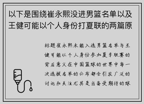 以下是围绕崔永熙没进男篮名单以及王健可能以个人身份打夏联的两篇原创标题：