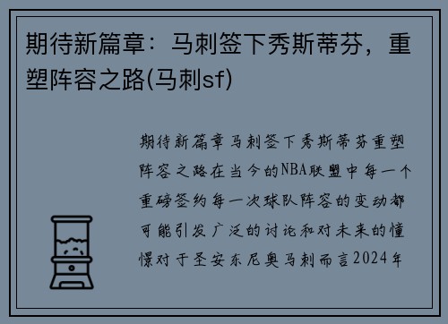 期待新篇章：马刺签下秀斯蒂芬，重塑阵容之路(马刺sf)